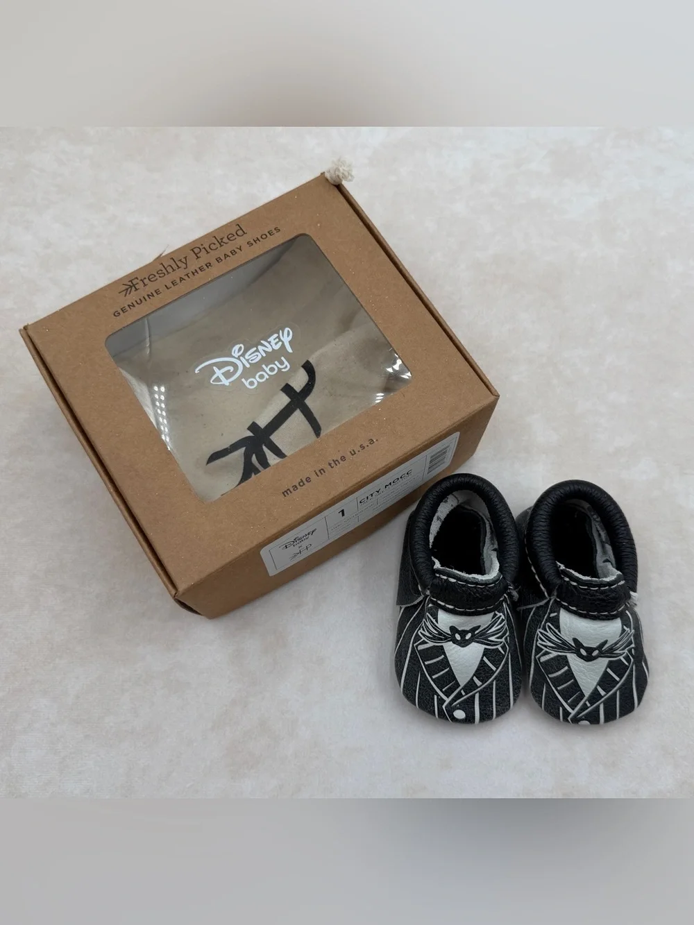 Freshly Picked NMBC Black & White Jack Skellington Baby Moccasins